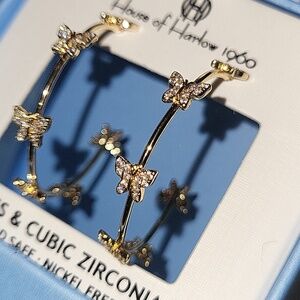 House of Harlow 1960 Gold Butterfly Drop Hoop Earrings Bnib Te M